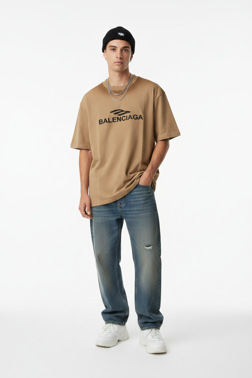 Beige oversized tee on model