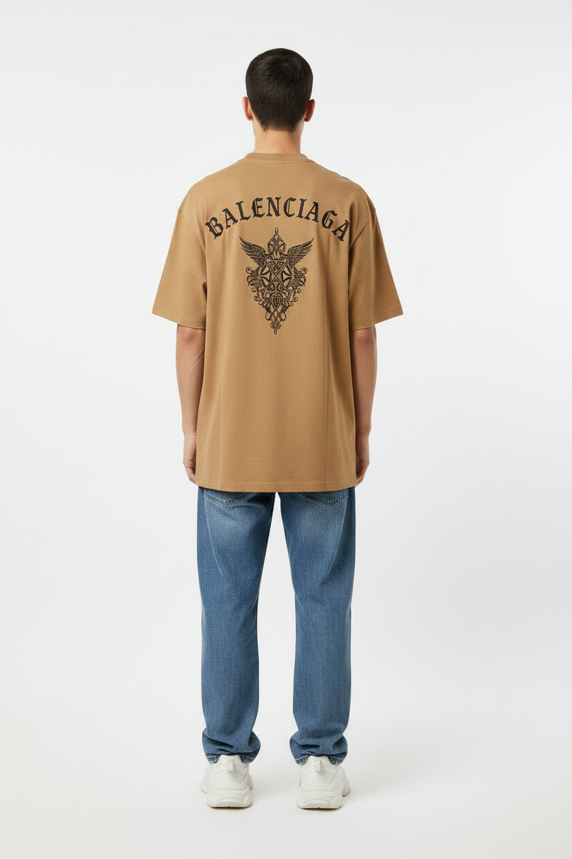 Beige tee back on model