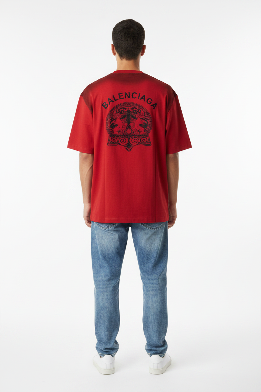 Red tee back on model