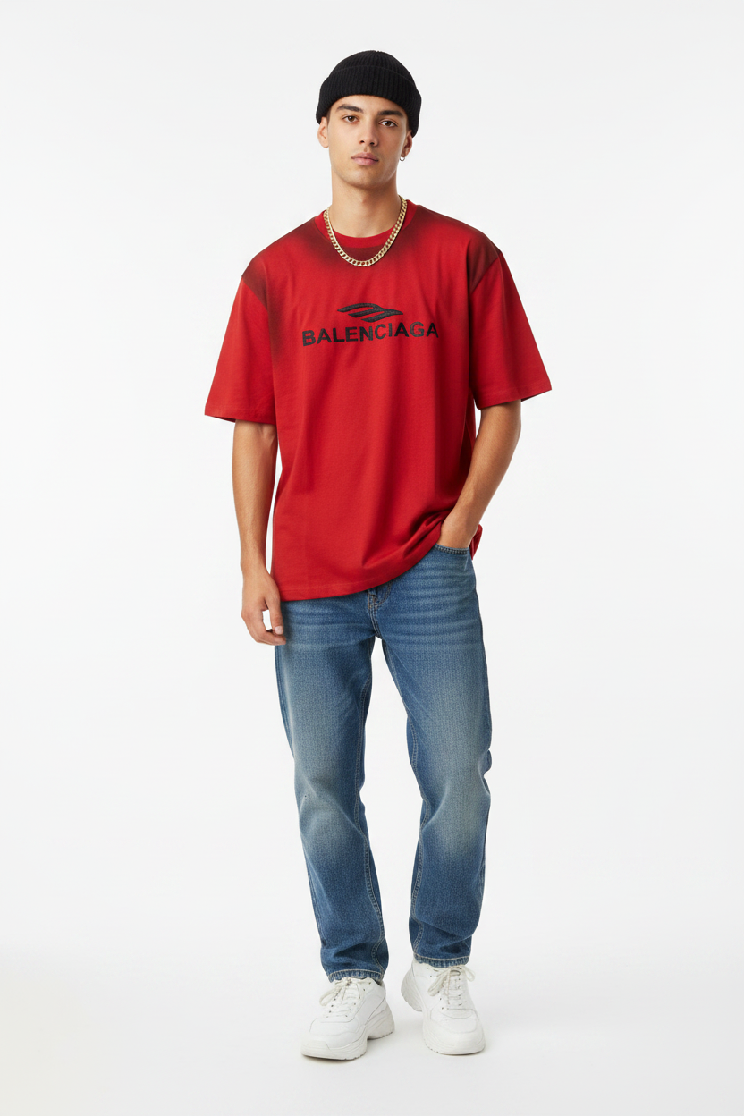 Red tee front on model